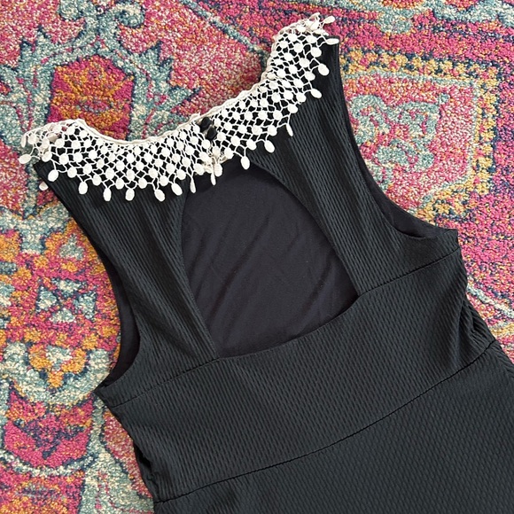 Free People | Womens Black Mini Dress Cream Crochet Peter Pan Collar Open Back M - Picture 11 of 16
